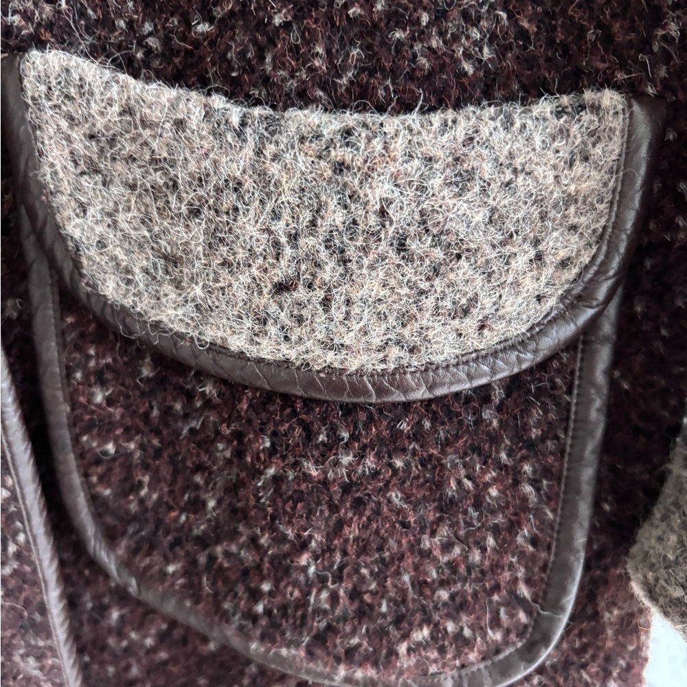 Vintage Made In Japan Women's Brown Wool Leather Trim Coat L - Picture 7 of 9